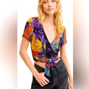 Silk Free People Purple Yellow Wrap Crop Blouse Small